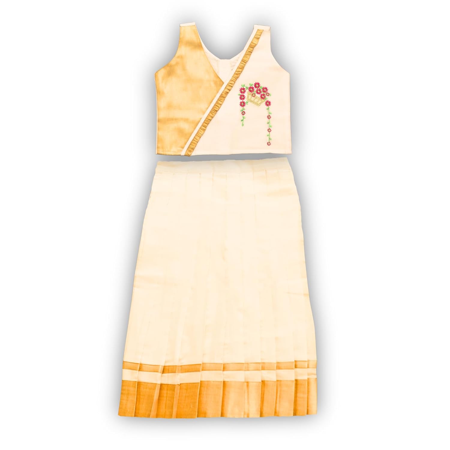 Skirt & Top Set for Girls: Traditional Onam Attire From NutsClothing | Embroidery - Kasavu | For Ages 6 Months to 7 Years