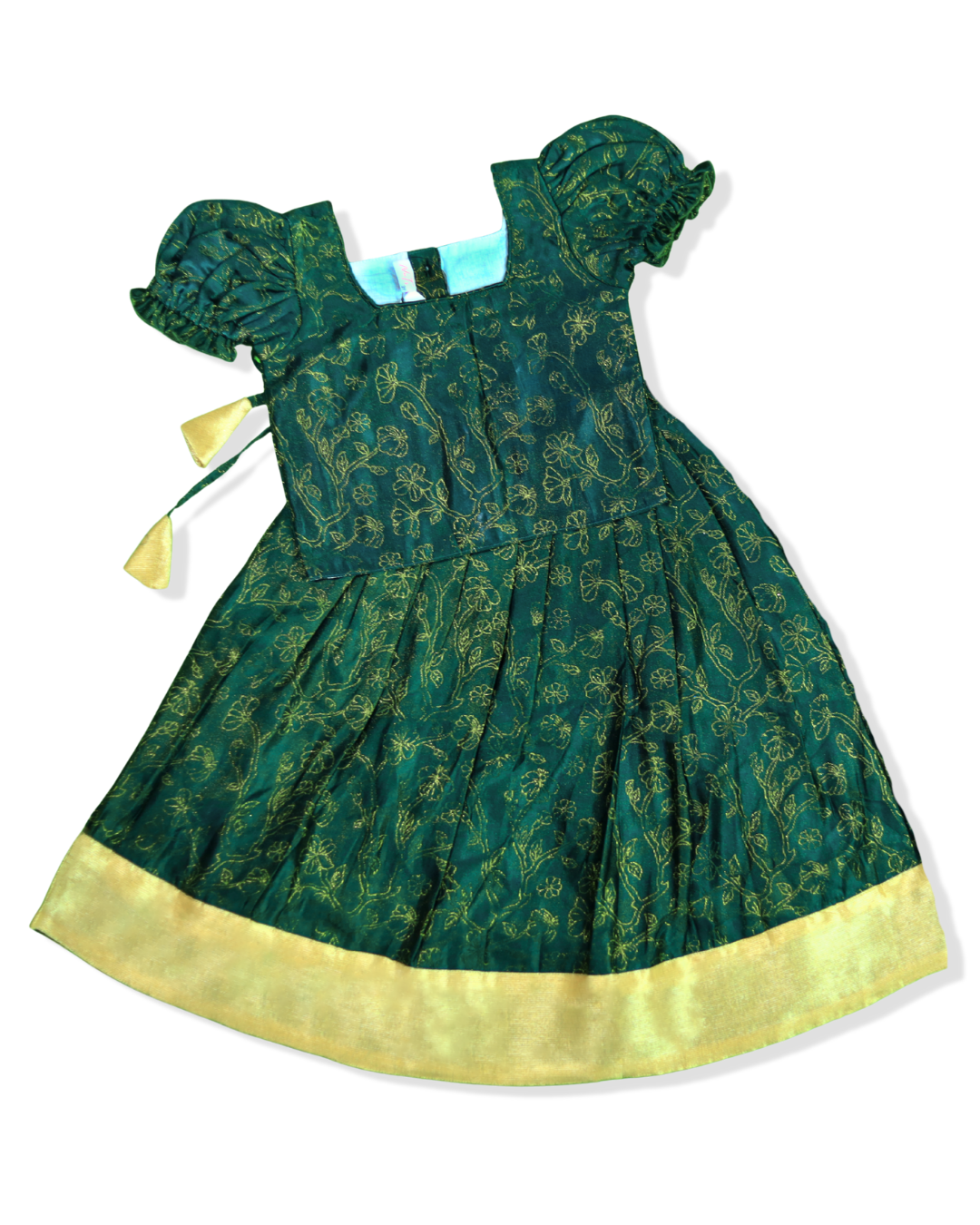 Deep Green Gold Vine Embroidered Frock