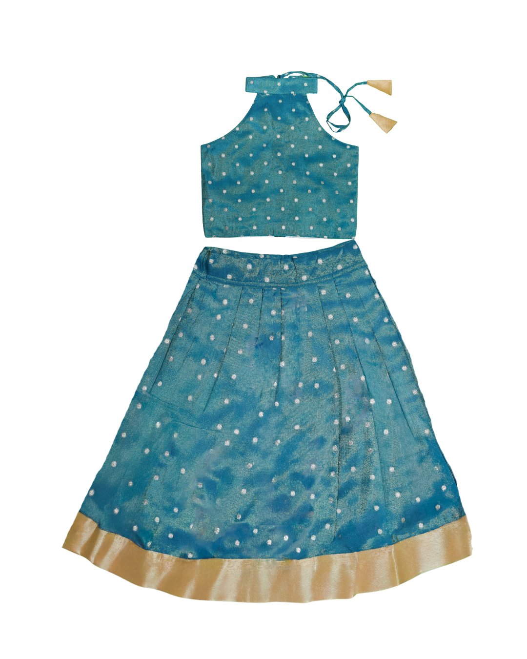 Teal Halter Neck Dotted Skirt Set